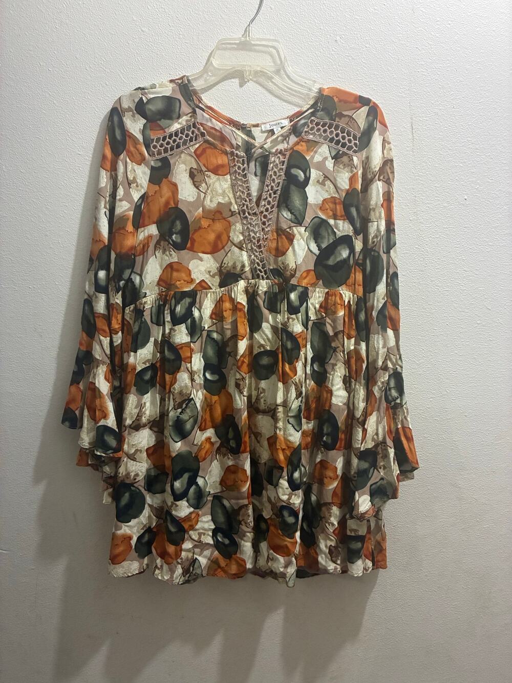 Jodifl Boho Retro 70s Bell Sleeve Crochet Lace V-Neck Tunic Top Dress Medium